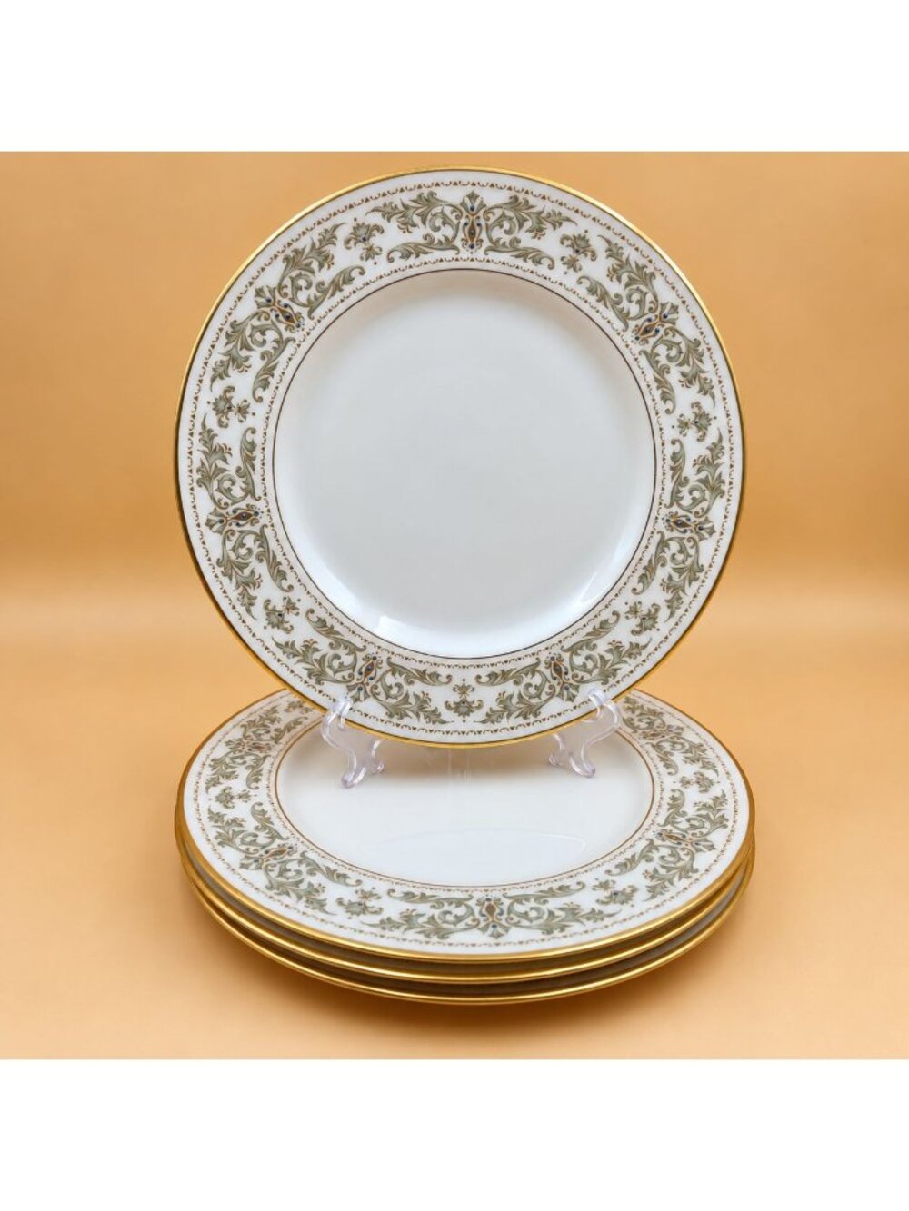 Lenox Noblesse Dinner Plate Green/Gold Leaves, Blue Dots, Gold Trim Set of 4